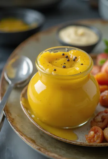 Salsa de mostaza y miel a los cítricos en un cuenco, junto a frutas frescas y verduras.