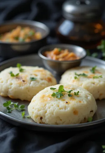 Idli rava recién hecho, al vapor, decorado con hojas de cilantro fresco