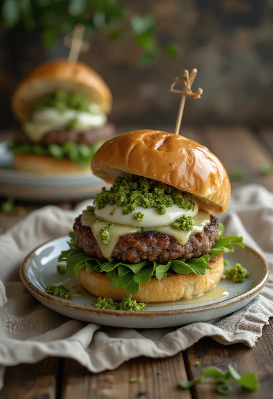 Hamburguesa italiana con pesto y mozzarella