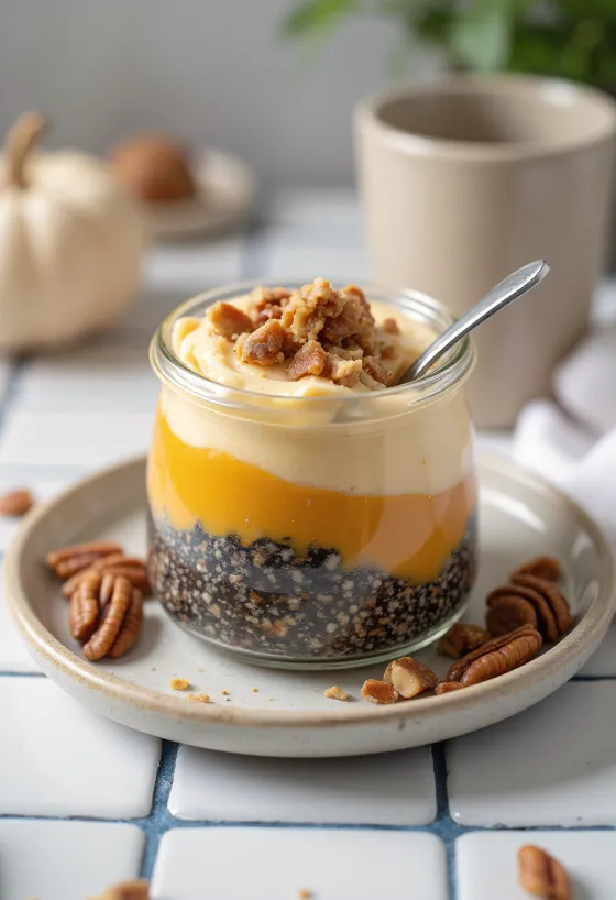 Pudín de chía con calabaza, canela y nueces tostadas.