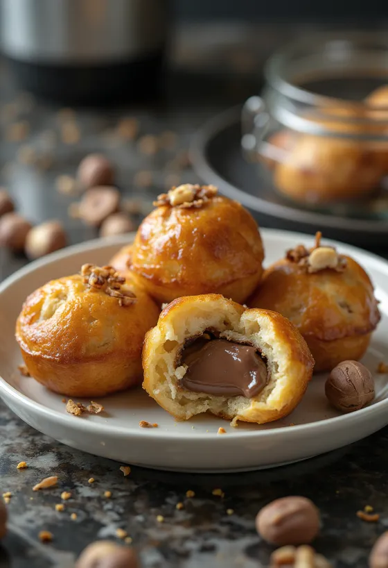 Æbleskiver rellenos de Nutella, dorados y espolvoreados con azúcar glas