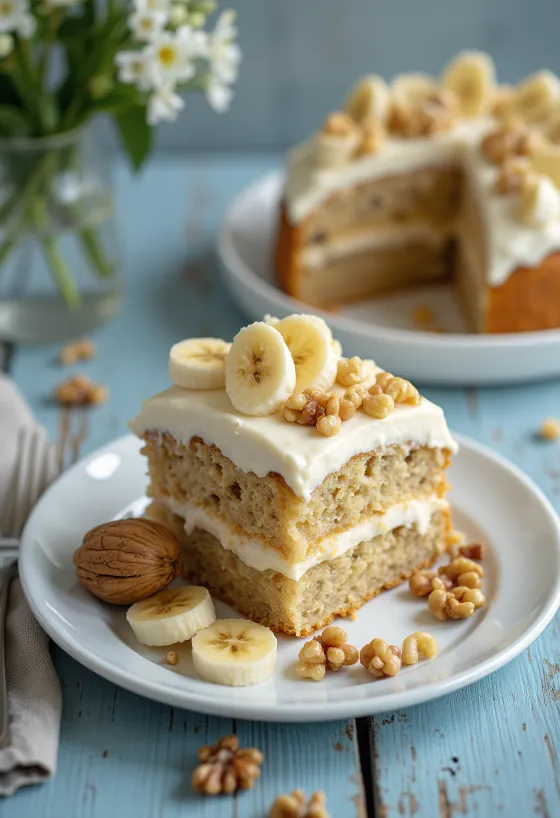 Tarta cremosa de plátano y nueces decorada con rodajas de plátano y nueces