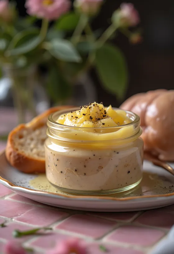 Pâté de hígado de pollo de textura cremosa, servido con hierbas frescas y tostadas crujientes