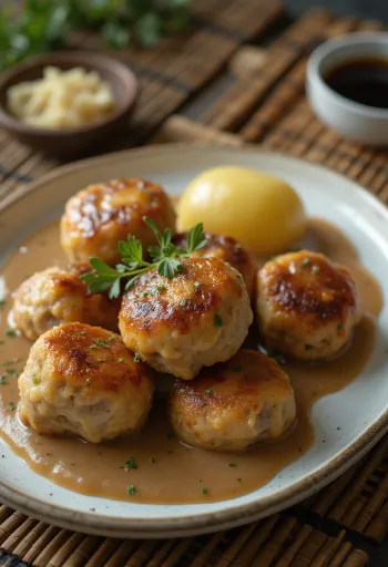 Frikadeller con salsa de carne, servido con perejil fresco