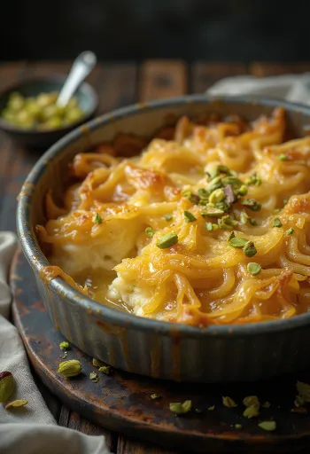 Galaktoboureko con masa kataifi, rico relleno cremoso y decorado con pistachos.