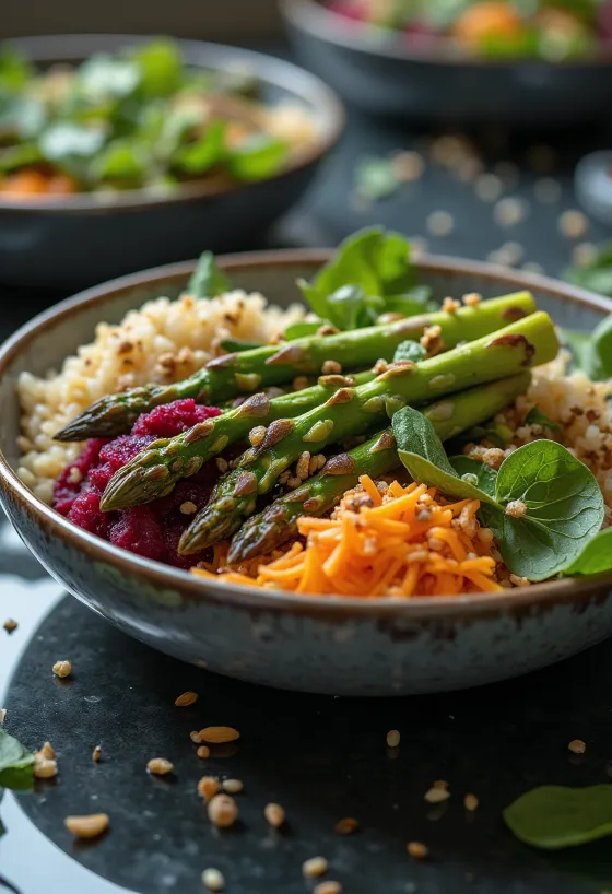 Buddha Bowl de espárragos trigueros a la parrilla servido