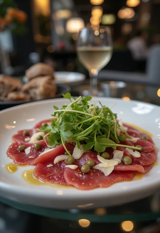 Carpaccio de carne de potro servido con rúcula, parmesano y alcaparras.