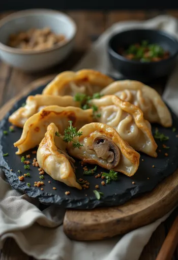 Gyoza de Setas servida con relleno de champiñones y salsa de soja