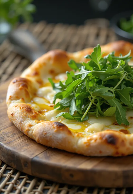 Pizza blanca con rúcula recién hecha