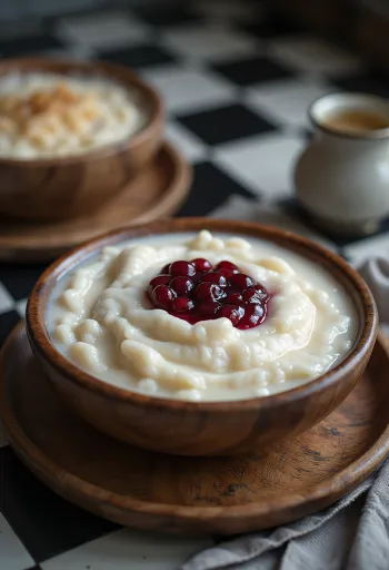 Rømmegrøt con mermelada de arándanos rojos, servido rico y cremoso en un bol