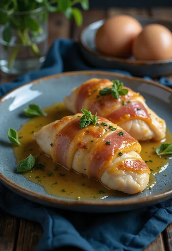 Saltimbocca de pollo, servido con prosciutto y salvia, con salsa de vino blanco