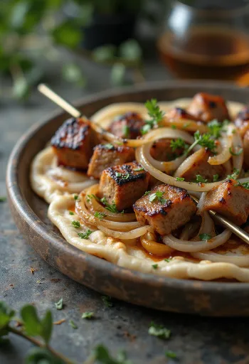 Brochetas de Shashlik servidas con verduras a la parrilla