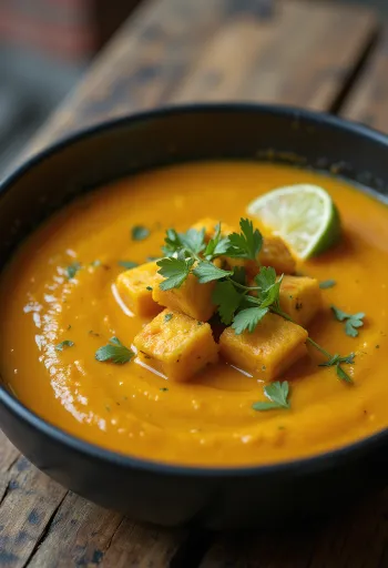 Crema de calabaza al curry con tofu