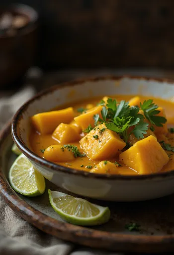 Curry de calabaza con lima servido con cilantro fresco.