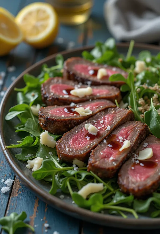 Tagliata di manzo con rúcula y parmesano servida