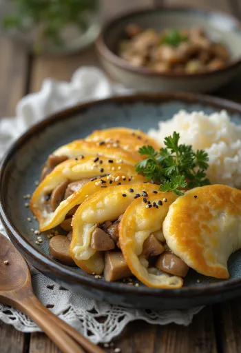 Tamagoyaki con setas, rodajas de tortilla de setas frescas servidas