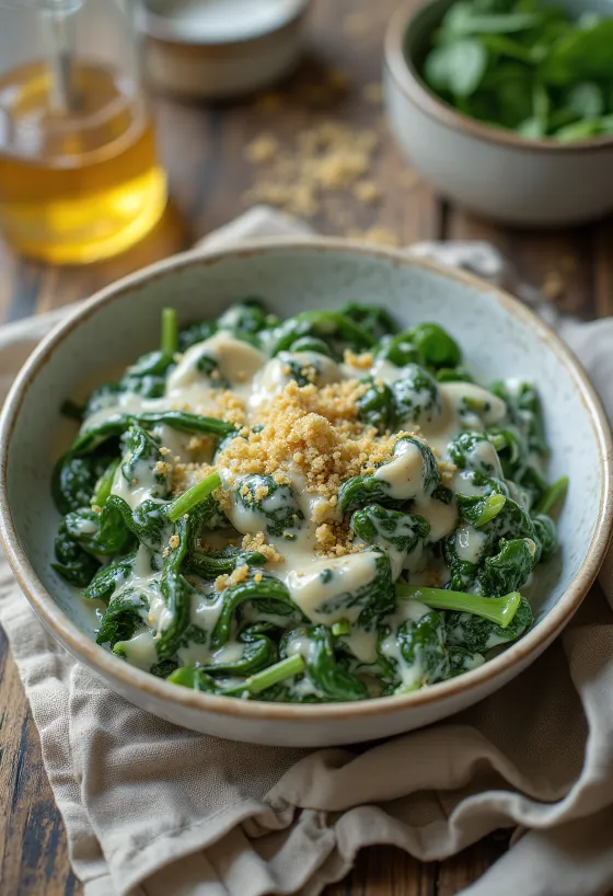 Cremosas espinacas a la crema recién cocinadas, servidas en plato blanco.