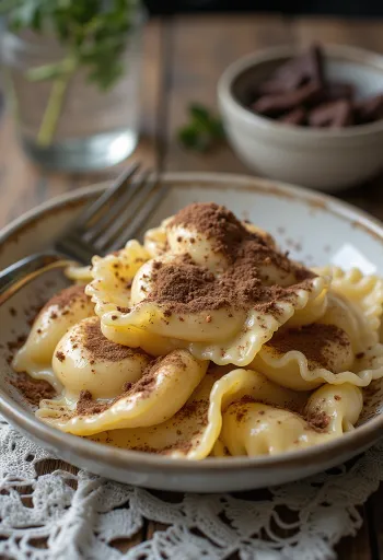 Raviolis de tiramisú servidos