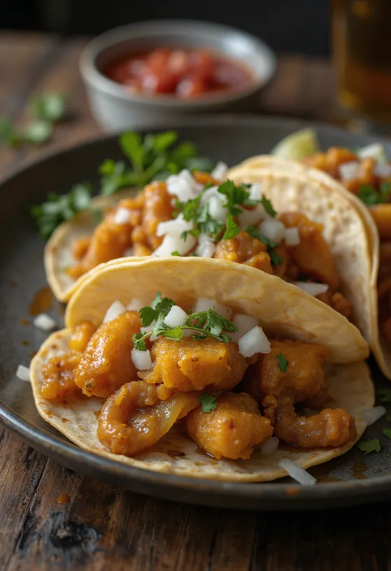 Tacos de tripas doradas y crujientes en tortilla de maíz