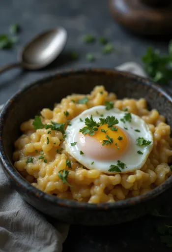 Açorda con huevo escalfado, decorado con cilantro fresco, rociado con zumo de limón