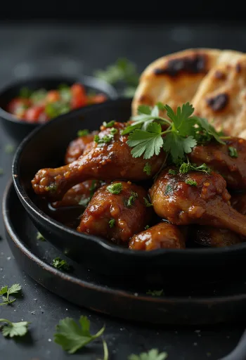 Plato de fusión con pollo adobo y naan recién hecho