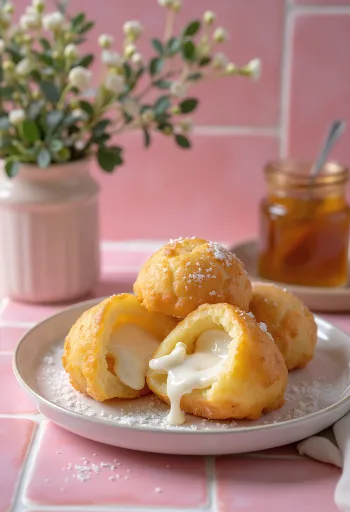 Æbleskiver con relleno de ricotta, de color dorado, servidos espolvoreados con azúcar glas
