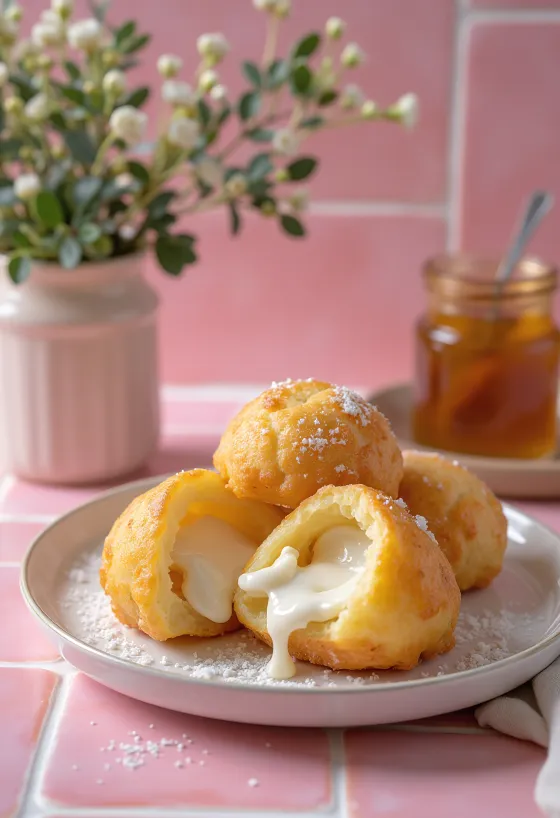 Æbleskiver con relleno de ricotta, de color dorado, servidos espolvoreados con azúcar glas
