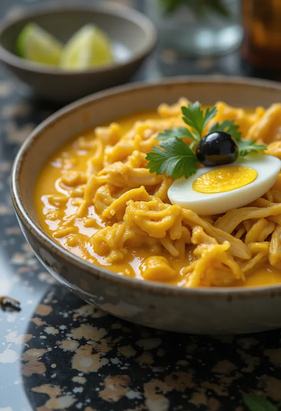 Ají de Gallina sin gluten servido con pollo, cacahuetes y ají amarillo