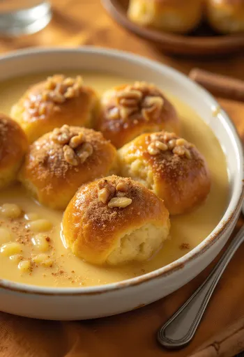 Bollitos dulces con nueces y natillas servidos