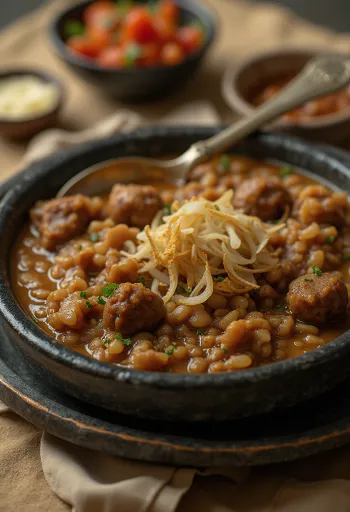 Haleem de ternera servido con salsa de yogur al ajo y pan tostado