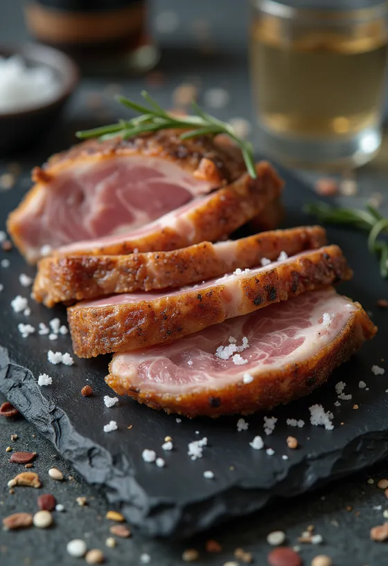 Secreto ibérico a la plancha servido con gajos de limón y verduras a la parrilla.