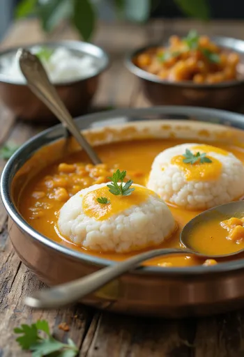 Idli con sambar recién hecho, idli al vapor y salsa de lentejas especiada