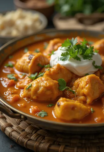Pollo tikka masala en salsa cremosa de tomate, decorado con cilantro fresco