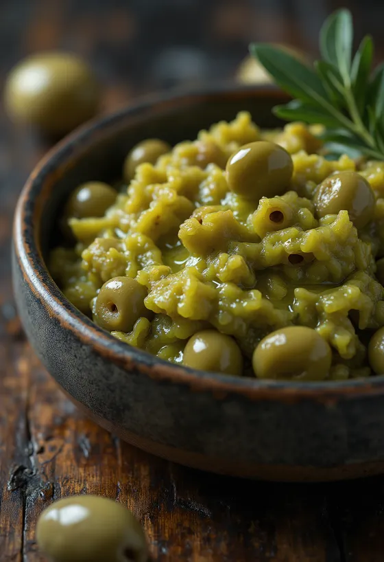 Dip de aceitunas verdes servido con pan de pita