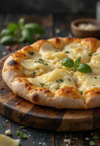Pizza ai Formaggi servida con variedad de quesos y albahaca fresca