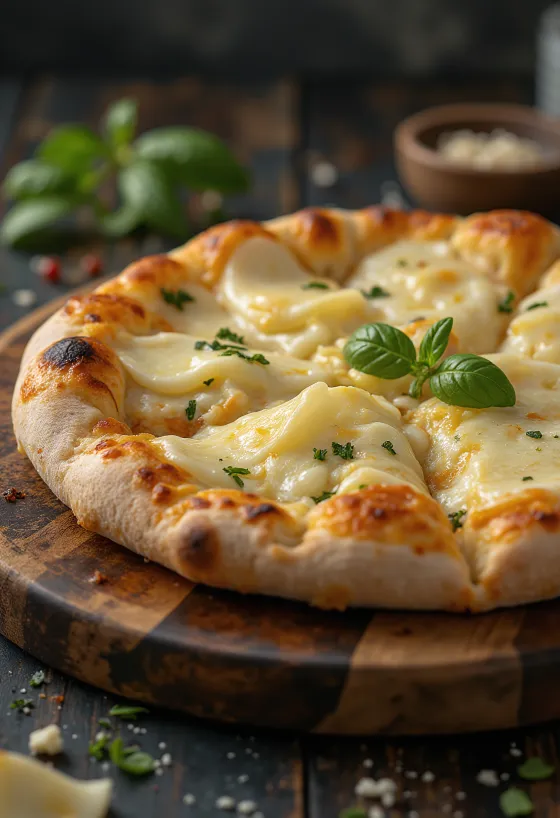 Pizza ai Formaggi servida con variedad de quesos y albahaca fresca