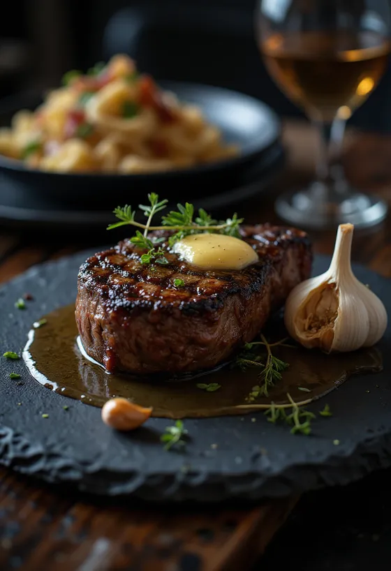Rib eye steak dorado al horno, servido con hierbas frescas y mantequilla