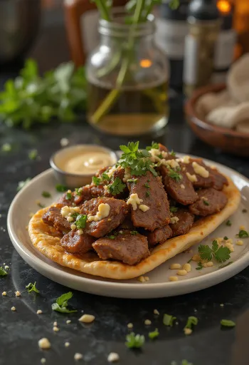 Shawarma de cordero con verduras frescas y yogur