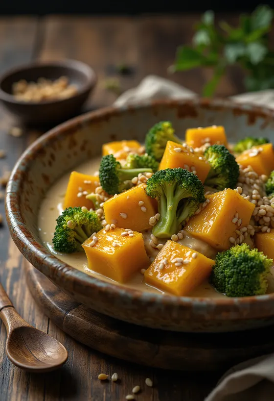Curry de calabaza y brócoli con tahini