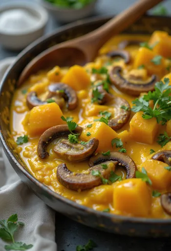 Curry de calabaza y champiñones servido.
