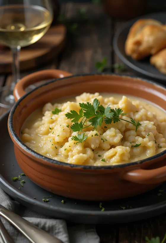 Açorda de bacalao, sopa de pescado con vino blanco, leche y perejil fresco
