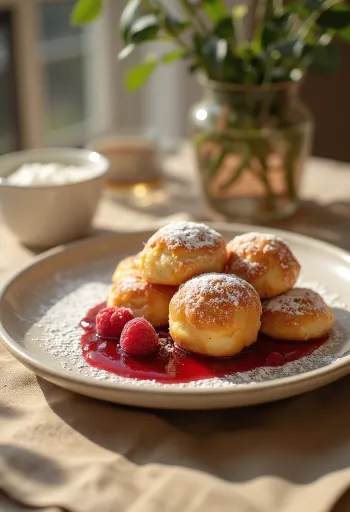 Æbleskiver con mermelada de frambuesa y azúcar glas