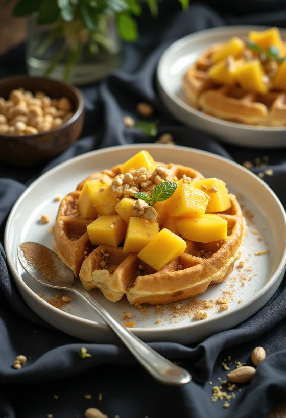 Gofre de coco con mango fresco, cacahuetes y lima