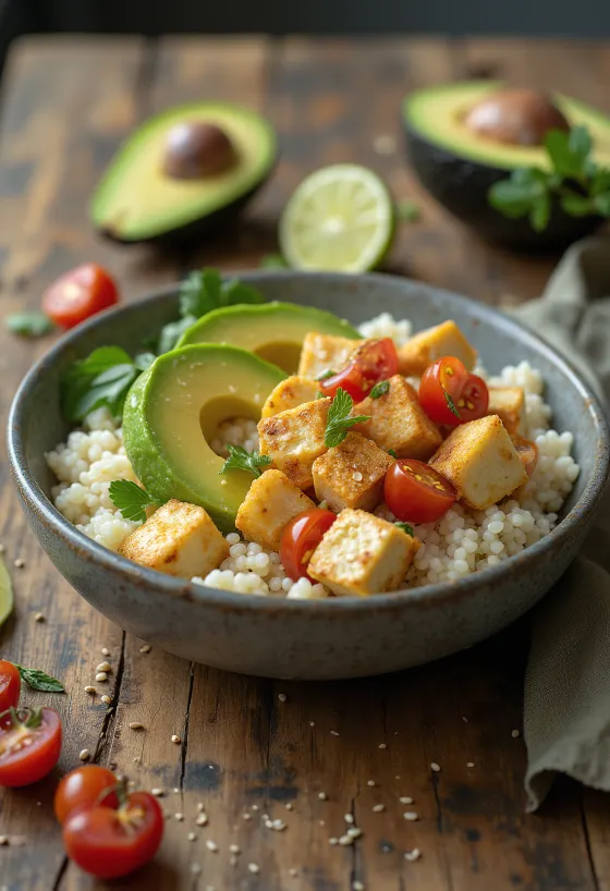 Ensalada de quinoa con tofu, aguacate y lima