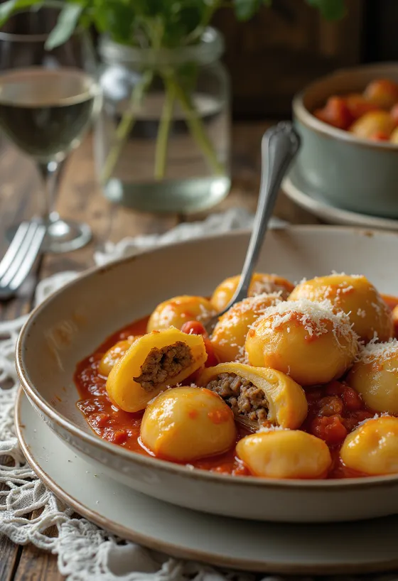 Gnocchi rellenos de carne emplatados