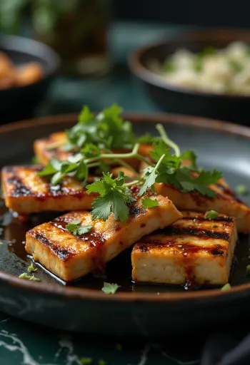 Tofu a la parrilla con glaseado picante servido