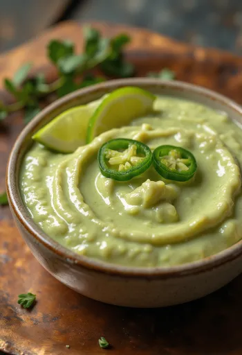 Salsa de jalapeños y lima en un cuenco, decorada con rodajas de lima y cilantro fresco.