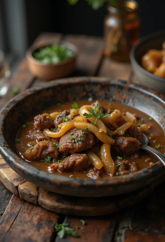 Kalops con cebolla, rico estofado de carne