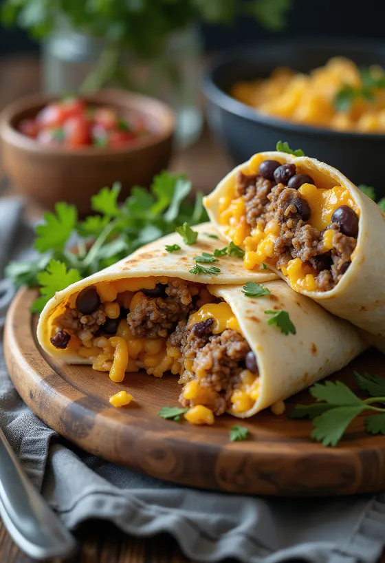Burrito mexicano en tortilla enrollada, relleno de arroz, frijoles y carne de ternera