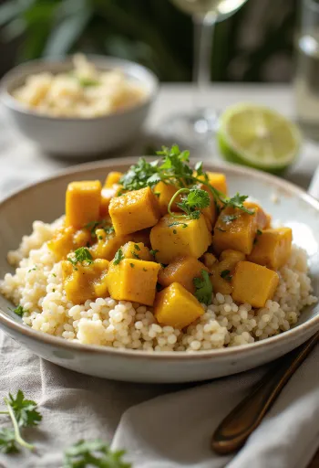 Curry de quinoa con calabaza y tofu a la lima servido